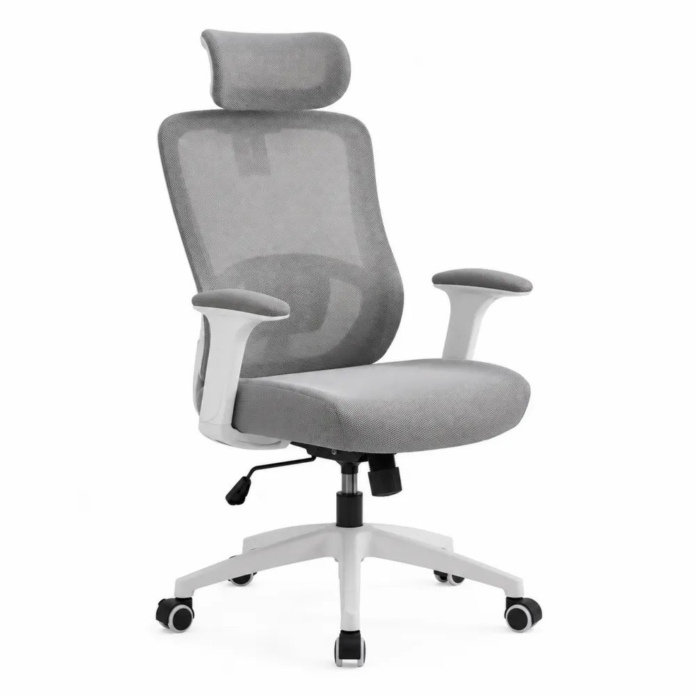 Chaise de bureau à roulettes 65 cm x 65 cm x 118 cm à 128 cm maille polyester grise structure nylon blanc appuie-tête réglable