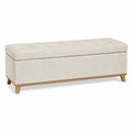 Banc coffre de chambre rectangulaire 120 cm x 40 cm x 45 cm revêtement polyester beige pieds en bois massif finition naturelle