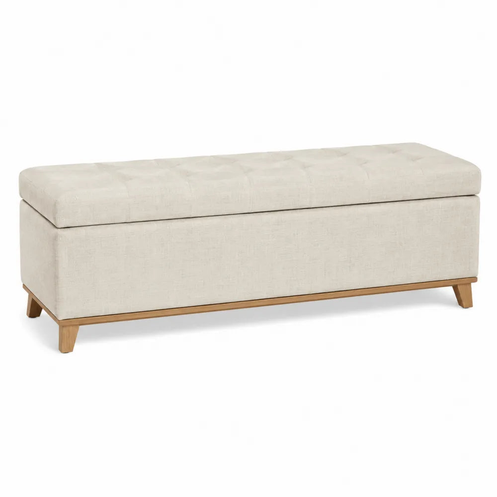 Banc coffre de chambre rectangulaire 120 cm x 40 cm x 45 cm revêtement polyester beige pieds en bois massif finition naturelle
