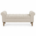 Banc de chambre capitonné 140 cm x 45 cm x 64 cm revêtement polyester beige pieds en bois massif avec accoudoirs roulés