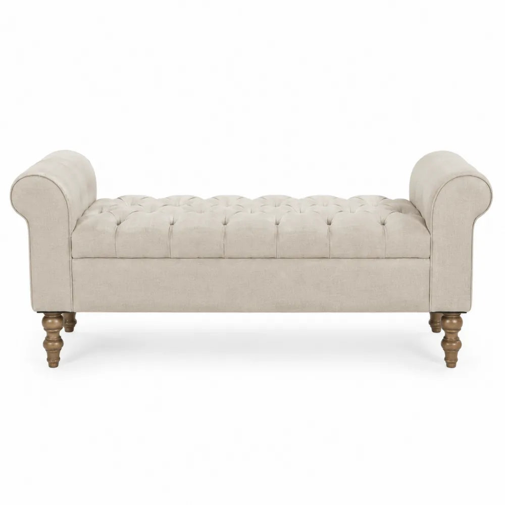 Banc de chambre capitonné 140 cm x 45 cm x 64 cm revêtement polyester beige pieds en bois massif avec accoudoirs roulés