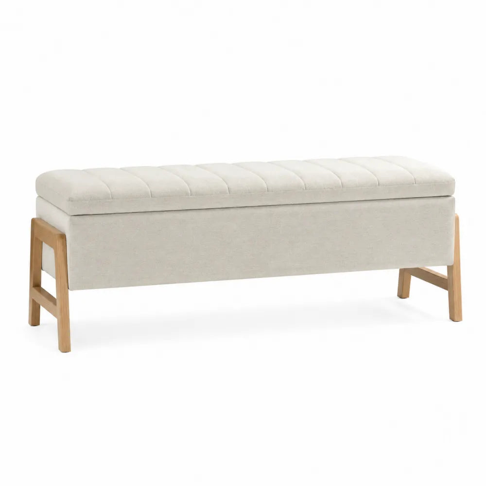 Banc de chambre coffre capitonné 120 cm x 40 cm x 45 cm tissu polyester beige pieds en bois massif naturel