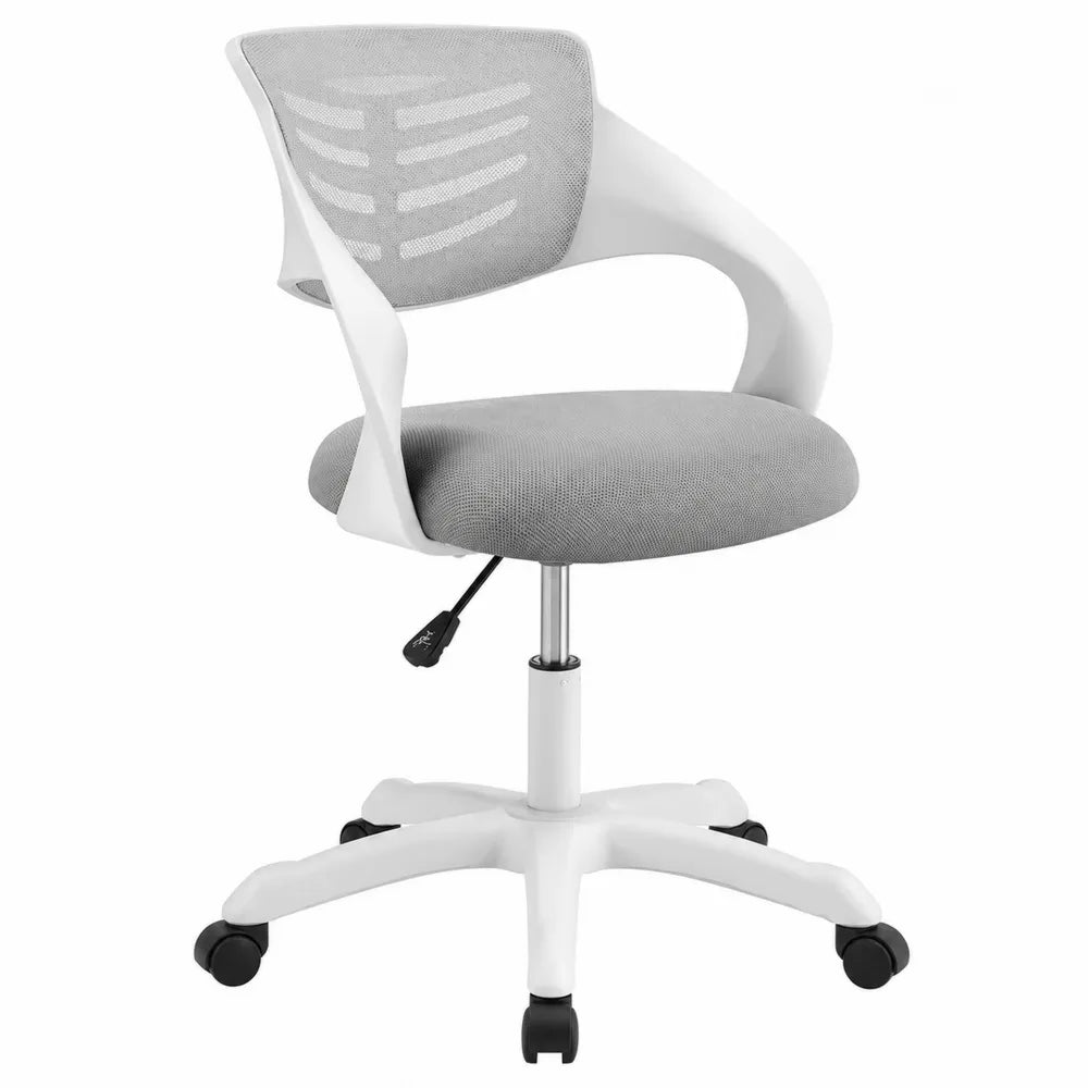 Chaise de bureau à roulettes 58 cm x 55 cm x 80 cm à 92 cm maille polyester grise structure PP blanc sans appuie-tête