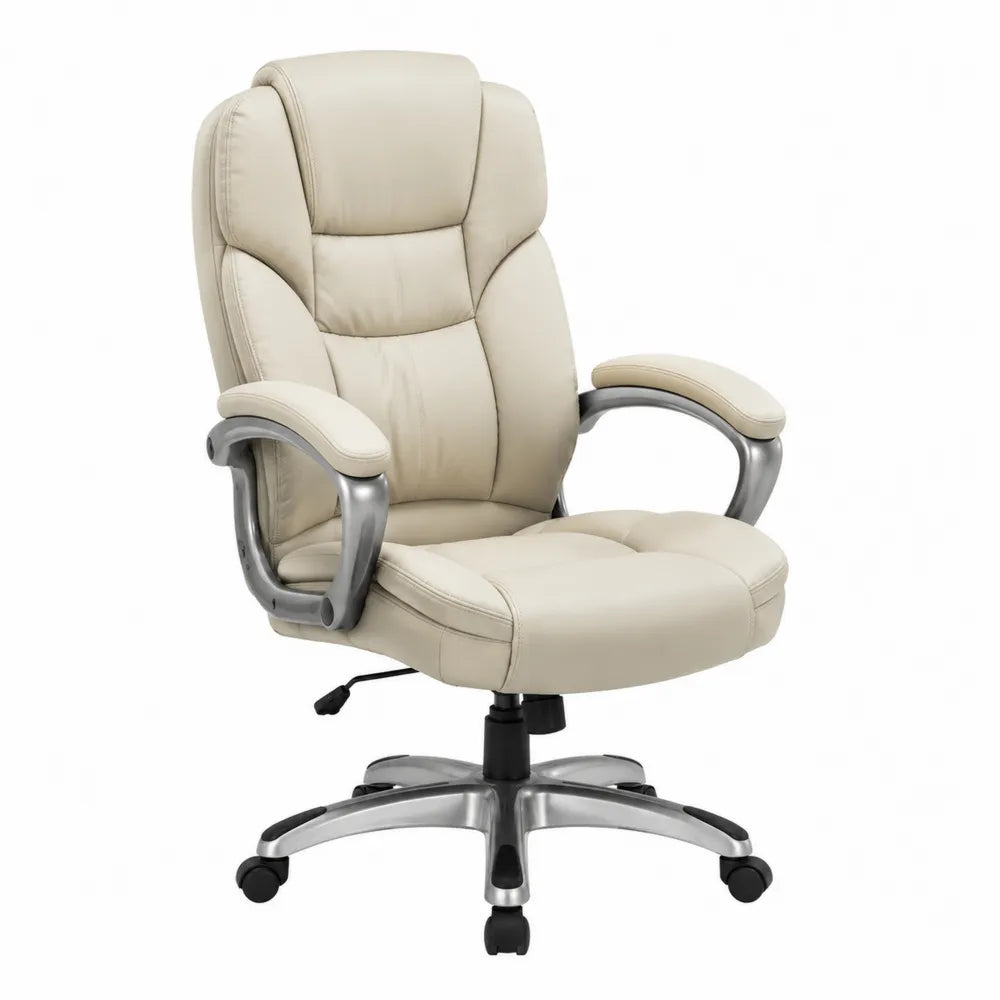 Fauteuil de bureau pivotant 65 cm x 70 cm x 112 cm à 122 cm cuir PU beige structure acier argenté avec accoudoirs rembourrés et roulettes