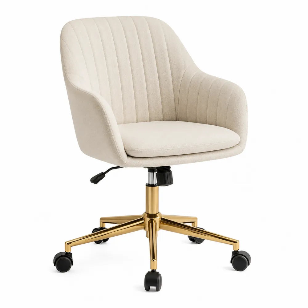 Chaise de bureau à roulettes 63 cm x 62 cm x 83 cm à 93 cm tissu polyester beige structure en acier finition dorée avec accoudoirs rembourrés