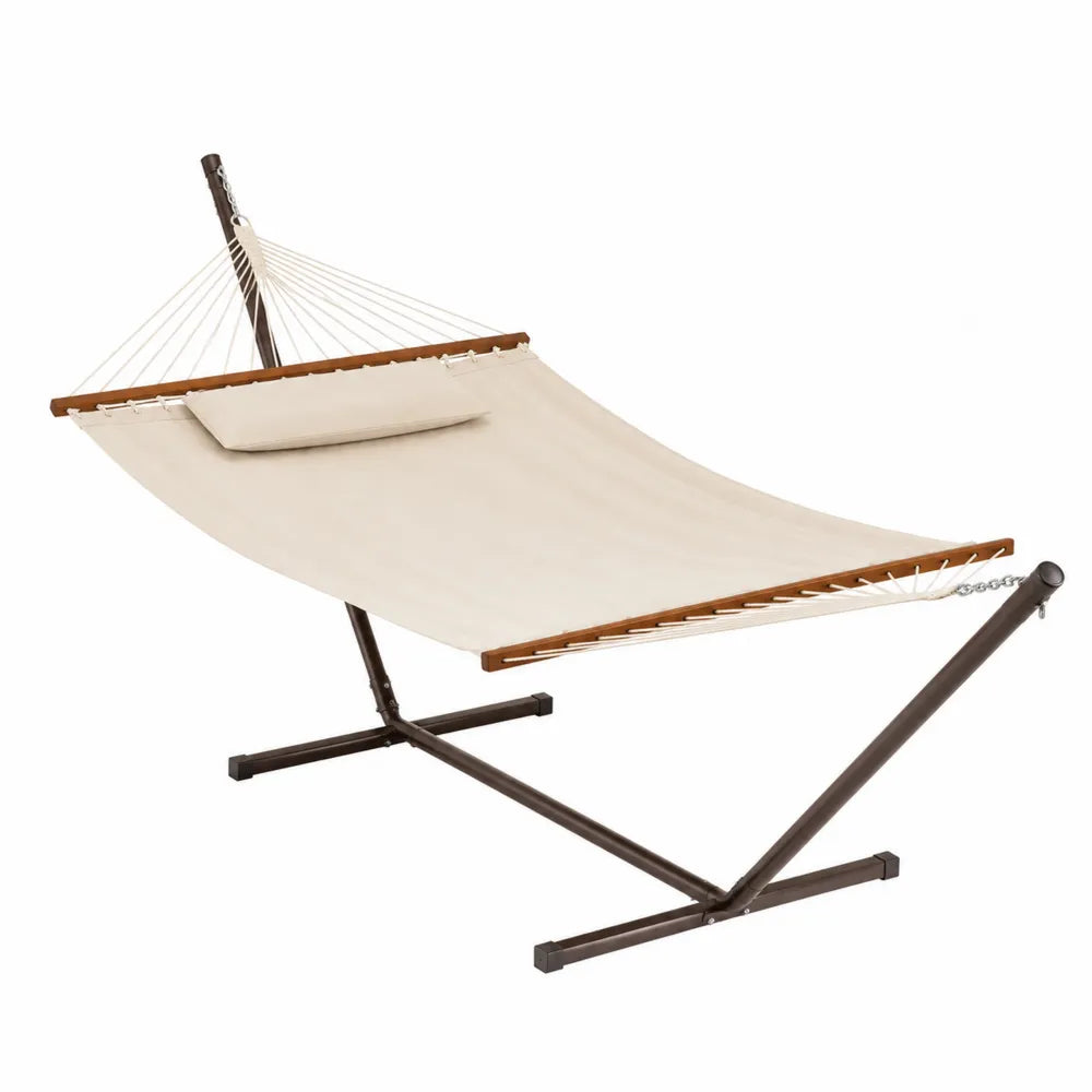 Hamac sur pied en toile polyester coton beige avec support acier brun et barres en bois massif 350 x 120 x 120 cm