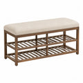 Banc de chambre avec étagères à chaussures 120 cm x 40 cm x 45 cm bois massif naturel coussin polyester beige 2 niveaux de rangement