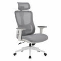 Chaise de bureau ergonomique à roulettes 65 cm x 68 cm x 118 cm à 128 cm maille polyester grise structure blanche avec appui-tête et accoudoirs réglables