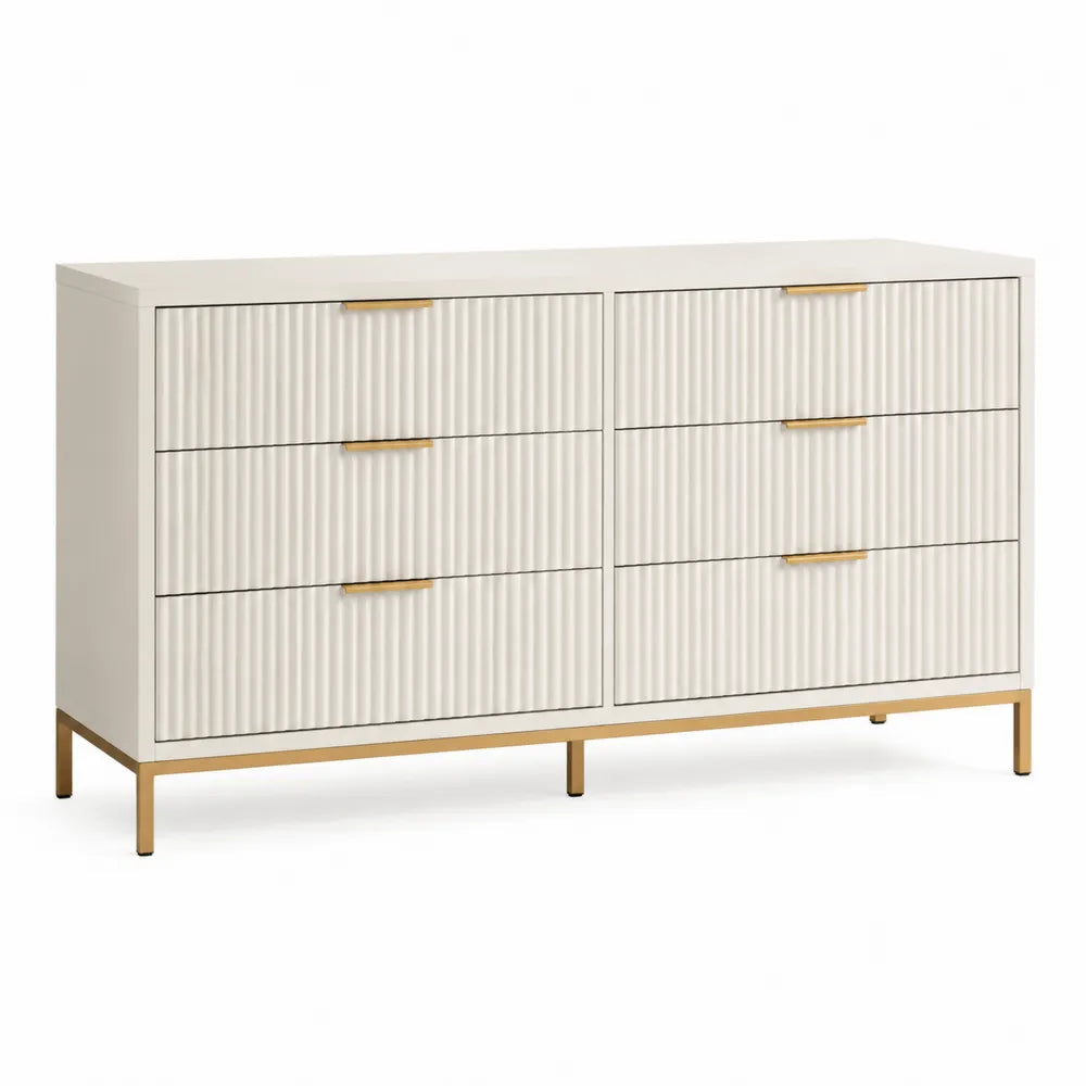 Commode rectangulaire 150 cm x 40 cm x 80 cm 6 tiroirs MDF blanc cassé et acier doré