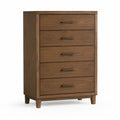 Commode 5 tiroirs 85 cm x 45 cm x 110 cm placage chêne brun MDF structure bois naturel poignées métalliques sombres