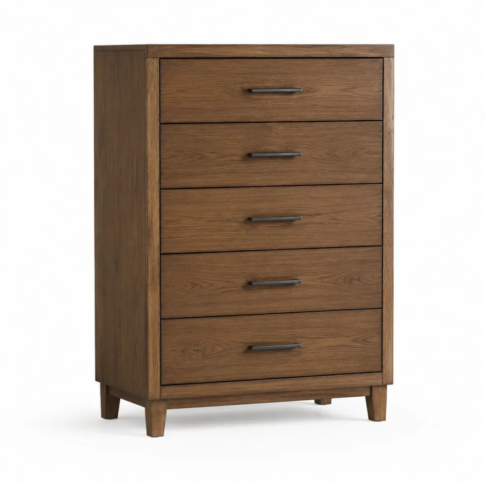 Commode 5 tiroirs 85 cm x 45 cm x 110 cm placage chêne brun MDF structure bois naturel poignées métalliques sombres
