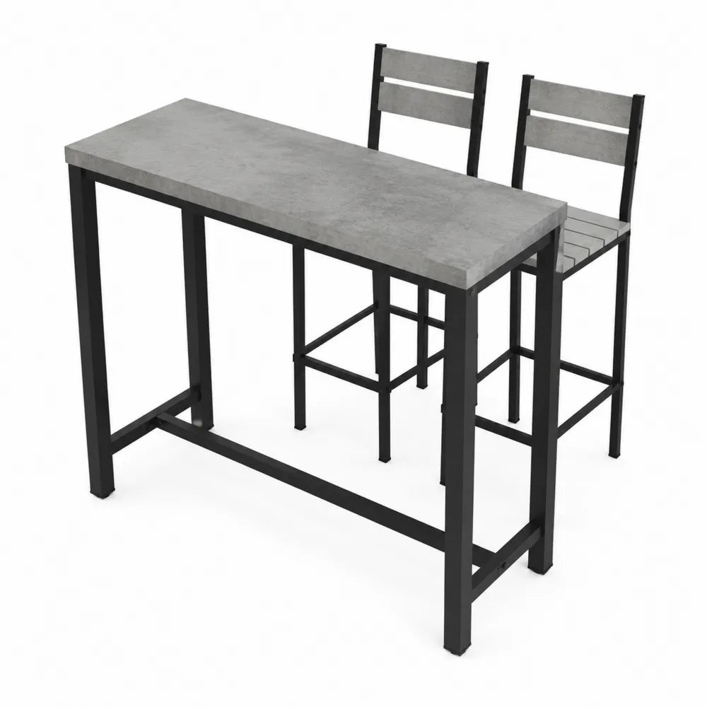 Ensemble bar de jardin 3 pièces table haute et 2 chaises acier noir et panneaux WPC gris béton 120 cm x 60 cm x 100 cm