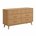 Commode 7 tiroirs rectangulaire 140 cm x 45 cm x 80 cm MDF placage chêne clair et métal finition laiton
