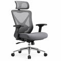 Chaise de bureau ergonomique à roulettes 65 cm x 68 cm x 118 cm à 128 cm maille polyester grise structure noire et base chromée avec appui-tête et accoudoirs réglables