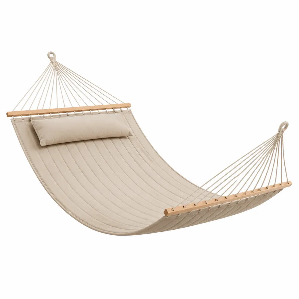 Hamac de jardin rembourré en toile beige avec barres en bois massif 320 x 140 x 5 cm