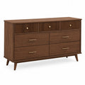 Commode 7 tiroirs rectangulaire 150 cm x 45 cm x 85 cm MDF placage noyer brun et poignées finition laiton