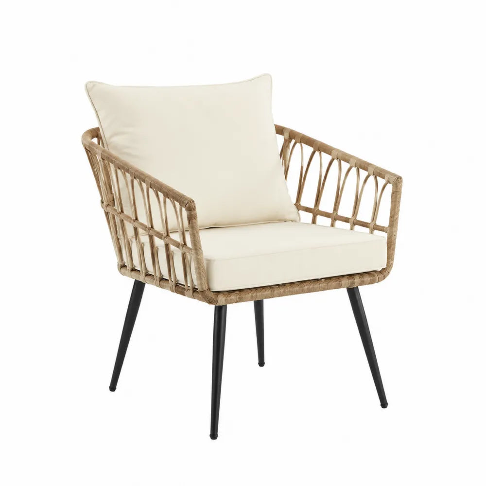 Fauteuil de jardin en rotin synthétique PE avec coussins polyester écru structure acier noir 65 cm x 60 cm x 80 cm