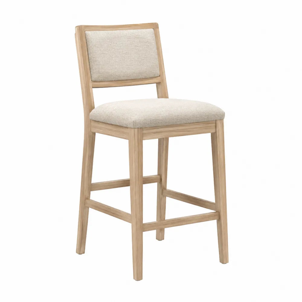 Tabouret de bar avec dossier rembourré bois massif hévéa naturel tissu polyester beige 45 x 50 x 102 cm