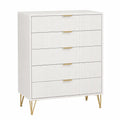 Commode 5 tiroirs rectangulaire 80 cm x 40 cm x 100 cm MDF blanc cassé façades cannelées pieds métal doré