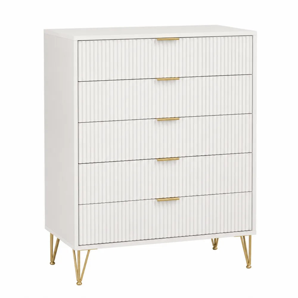 Commode 5 tiroirs rectangulaire 80 cm x 40 cm x 100 cm MDF blanc cassé façades cannelées pieds métal doré