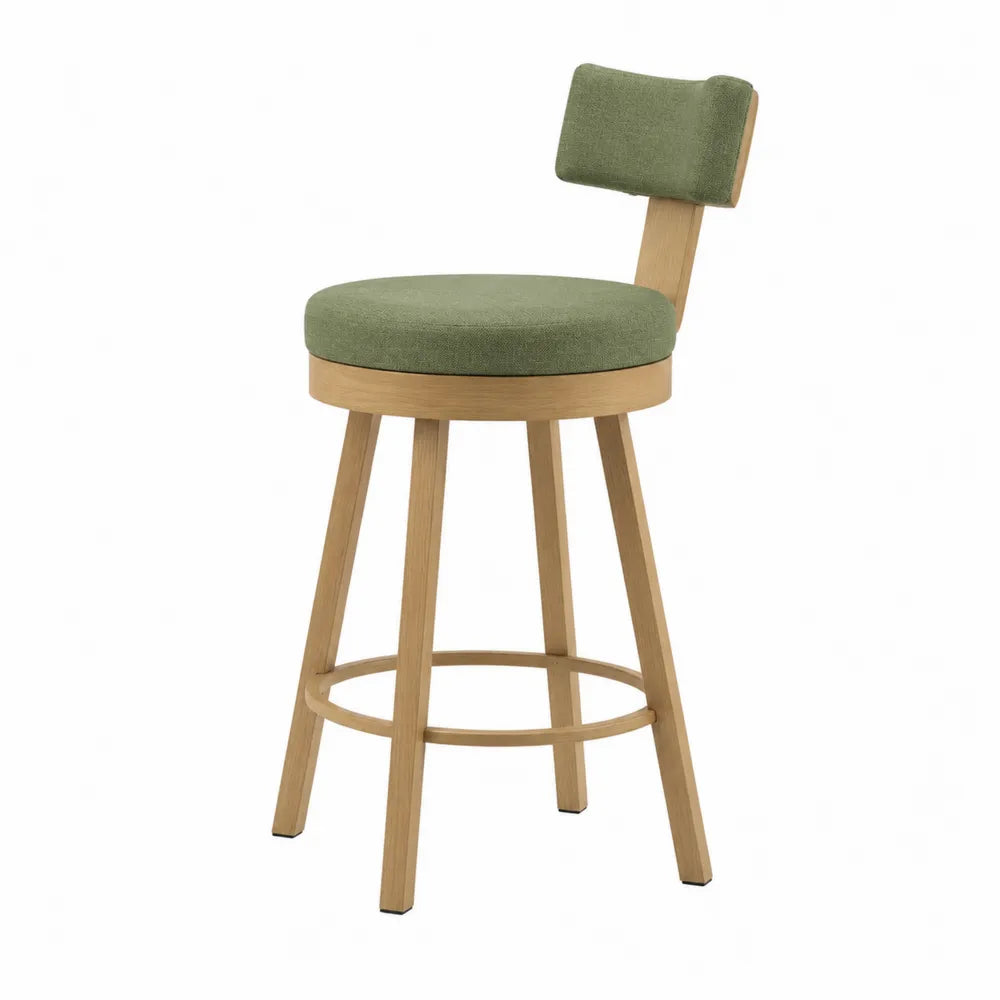 Tabouret de bar fixe dossier rembourré assise ronde tissu polyester vert sauge bois massif hévéa naturel 44 x 48 x 98 cm