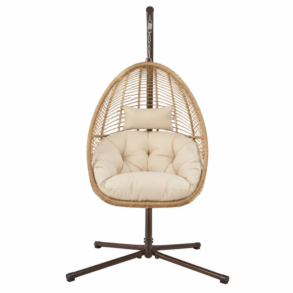 Fauteuil suspendu œuf avec support en acier et résine tressée beige 105 x 105 x 195 cm