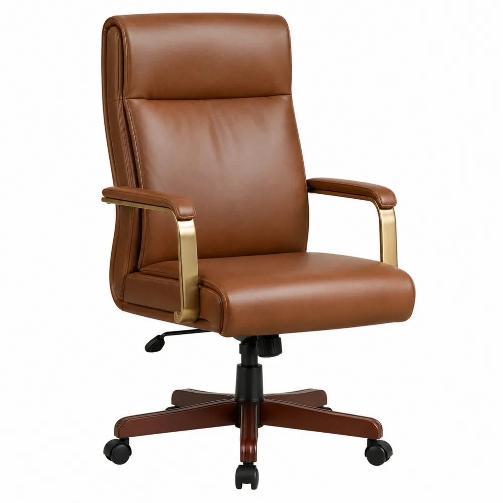 Chaise de bureau pivotante 65 cm x 70 cm x 110 cm à 120 cm similicuir PU marron cognac structure acier noir et doré avec accoudoirs