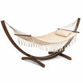 Hamac sur pied avec support en bois courbé toile coton polyester beige 360 x 120 x 125 cm