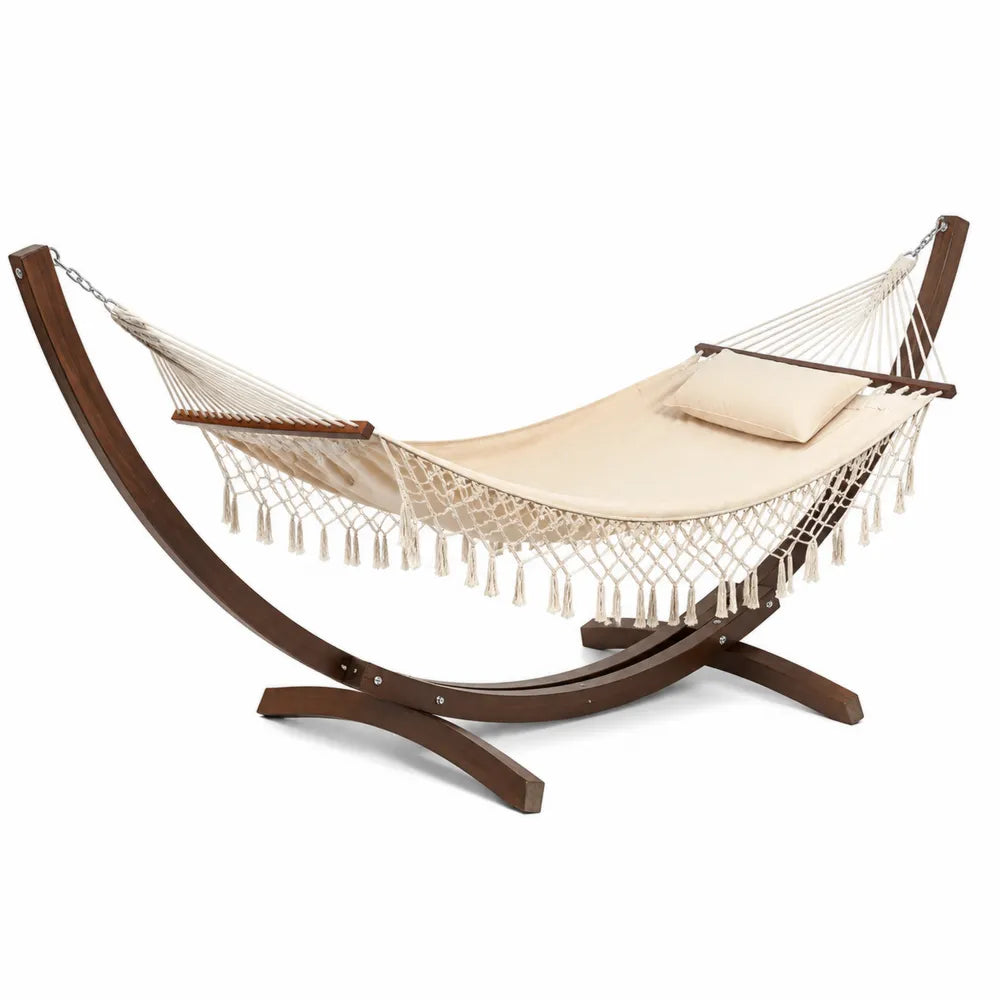 Hamac sur pied avec support en bois courbé toile coton polyester beige 360 x 120 x 125 cm