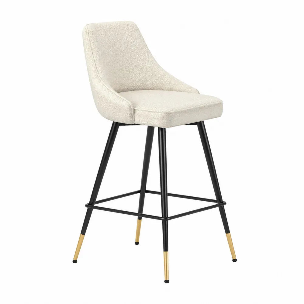 Tabouret de bar fixe dossier rembourré polyester bouclé écru acier noir finition laiton 50 x 52 x 100 cm