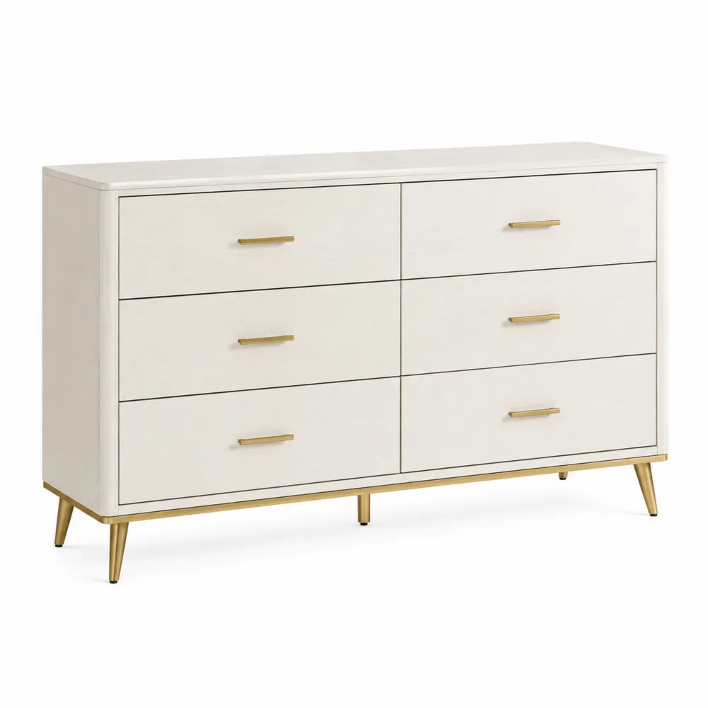 Commode rectangulaire 140 cm x 40 cm x 80 cm MDF blanc cassé 6 tiroirs façades rainurées et pieds métalliques dorés