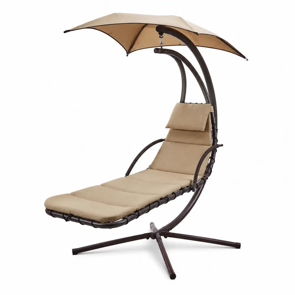Chaise hamac suspendue avec support et auvent en acier brun coussins polyester beige